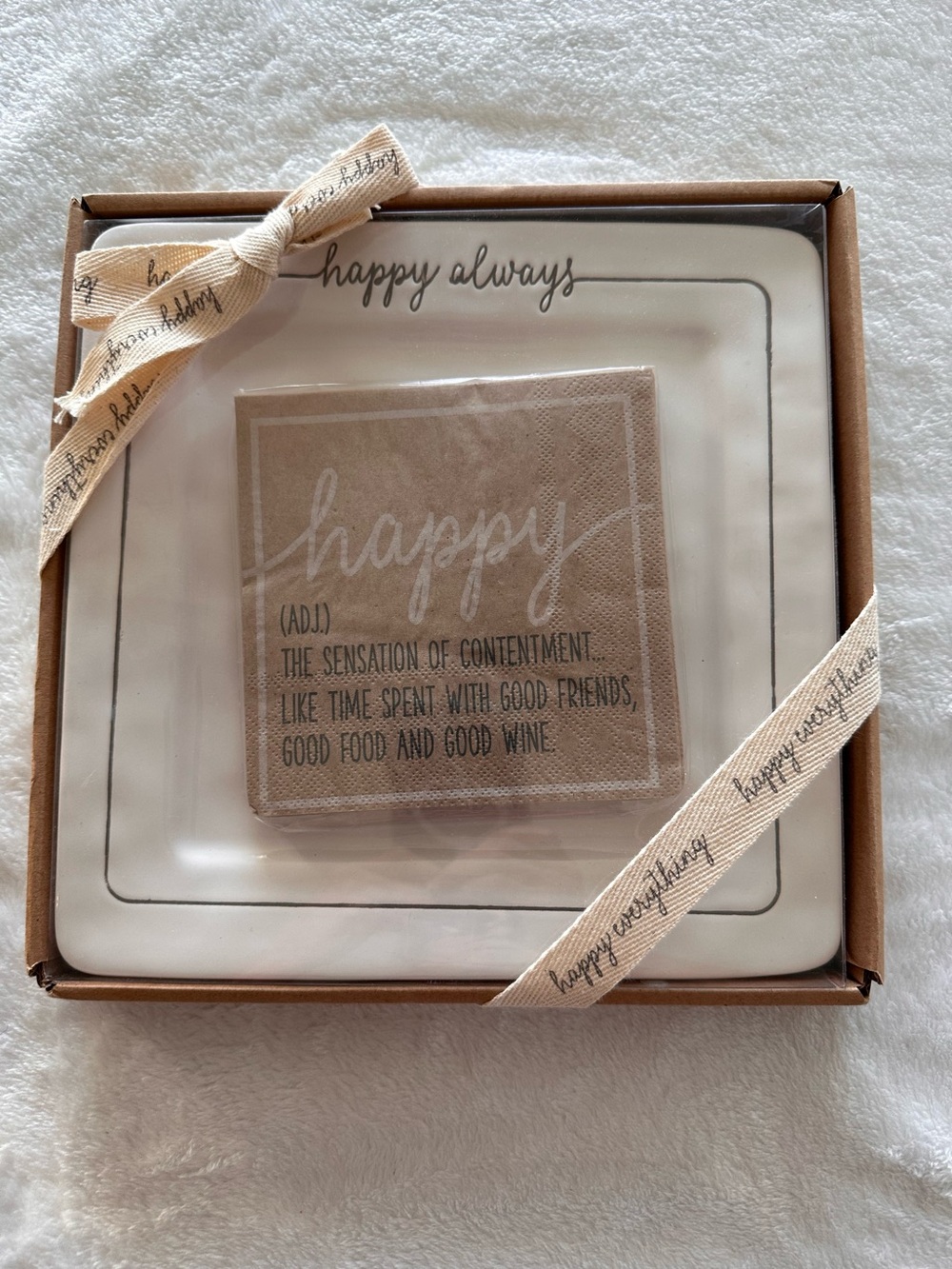 Happy Always Square Ceramic Serving Plate Set - White and Tan